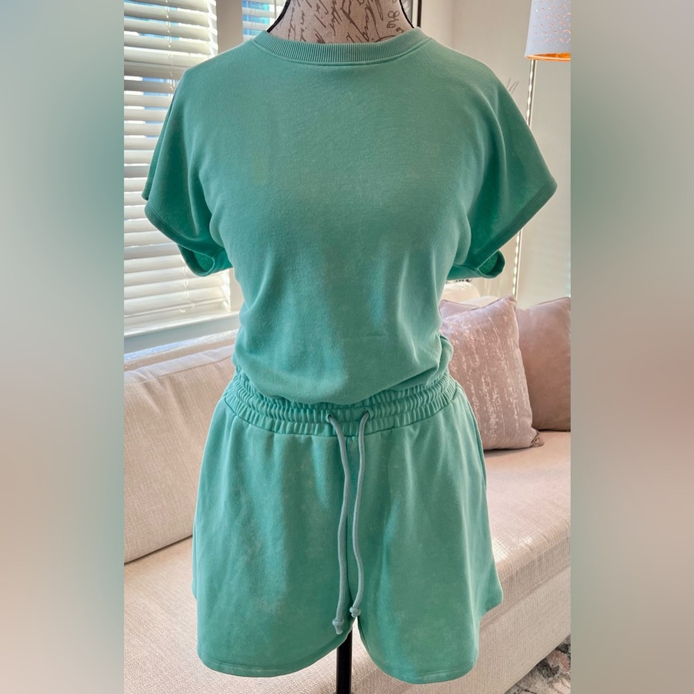 Blush Clothing Sea Foam Mineral Wash Green Romper Open Back